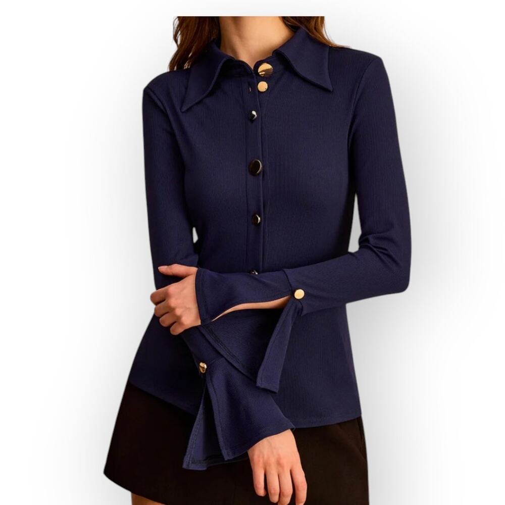 Orbit Button-Front Shirt with Flared Sleeves – Navy Blue – Commense Size XL
